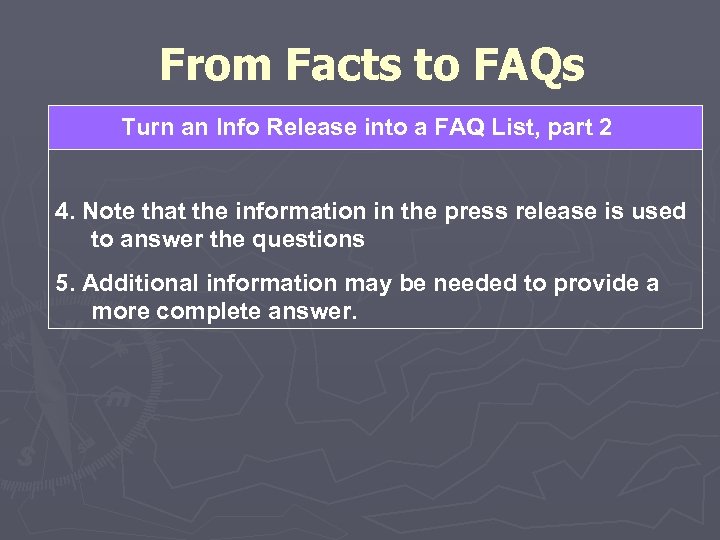 From Facts to FAQs Turn an Info Release into a FAQ List, part 2