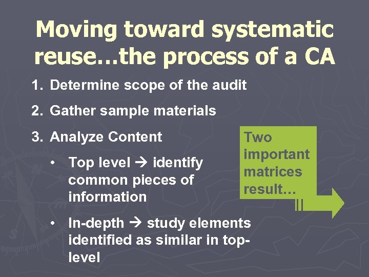 Moving toward systematic reuse…the process of a CA 1. Determine scope of the audit