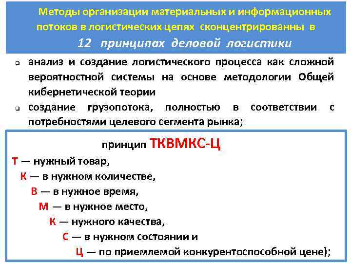 Методы организации материальных и информационных потоков в логистических цепях сконцентрированны в 12 принципах деловой