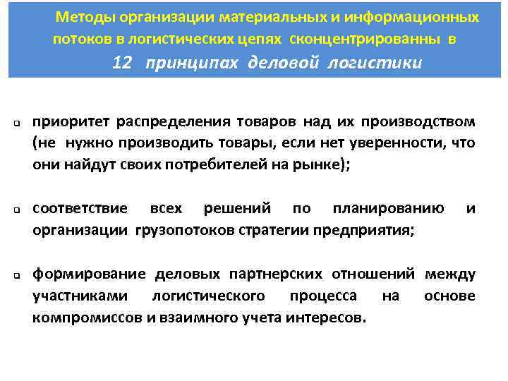 Методы организации материальных и информационных потоков в логистических цепях сконцентрированны в 12 принципах деловой