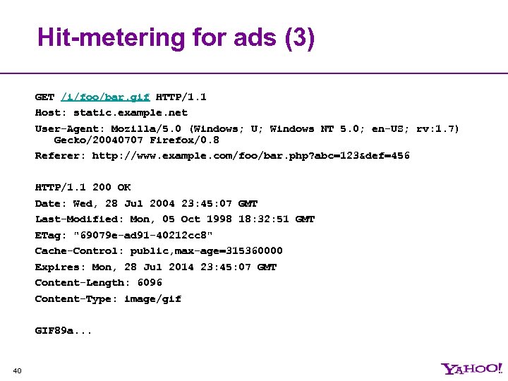 Hit-metering for ads (3) GET /i/foo/bar. gif HTTP/1. 1 Host: static. example. net User-Agent: