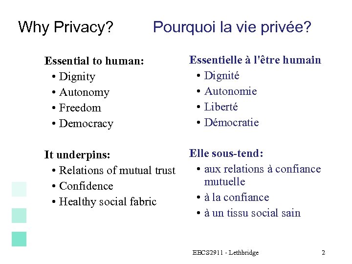 Why Privacy? Pourquoi la vie privée? Essential to human: • Dignity • Autonomy •