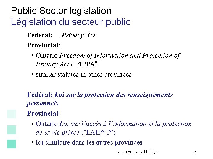 Public Sector legislation Législation du secteur public Federal: Privacy Act Provincial: • Ontario Freedom