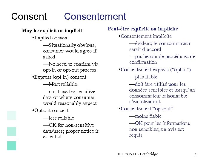 Consentement May be explicit or implicit • Implied consent —Situationally obvious; consumer would agree