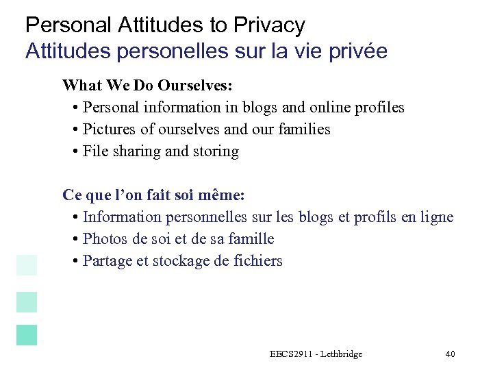Personal Attitudes to Privacy Attitudes personelles sur la vie privée What We Do Ourselves: