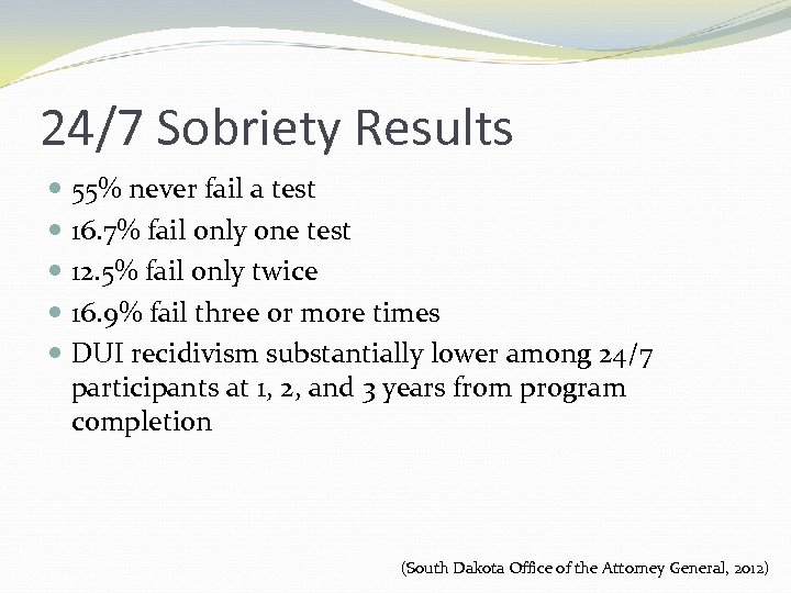 24/7 Sobriety Results 55% never fail a test 16. 7% fail only one test