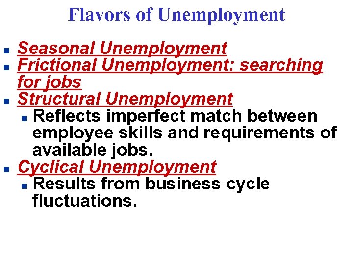 Flavors of Unemployment n n Seasonal Unemployment Frictional Unemployment: searching for jobs Structural Unemployment