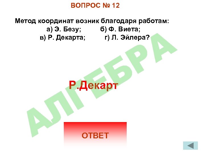 ВОПРОС № 12 Метод координат возник благодаря работам: а) Э. Безу; б) Ф. Виета;