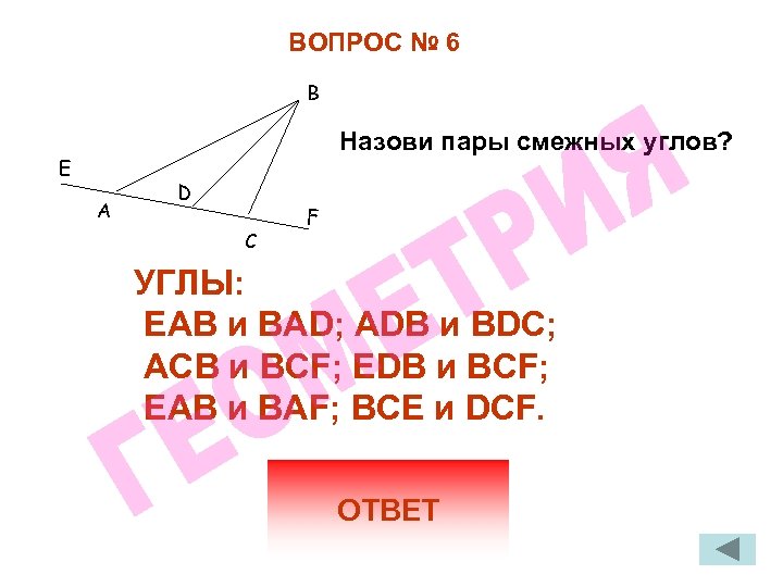 ВОПРОС № 6 В Назови пары смежных углов? Е А D C F УГЛЫ: