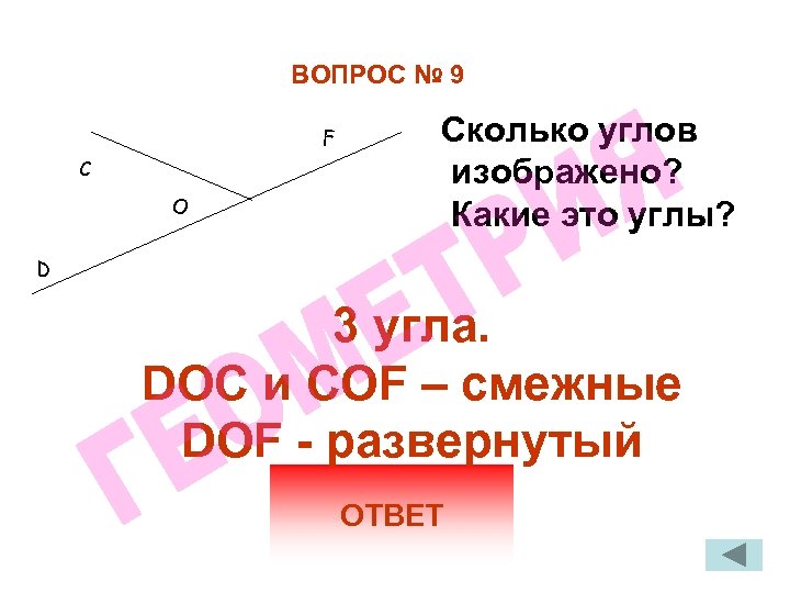 ВОПРОС № 9 F С О Сколько углов изображено? Какие это углы? D 3