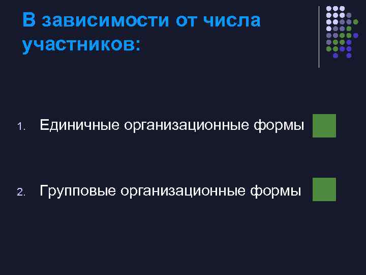 В зависимости от числа участников: 1. Единичные организационные формы 2. Групповые организационные формы 