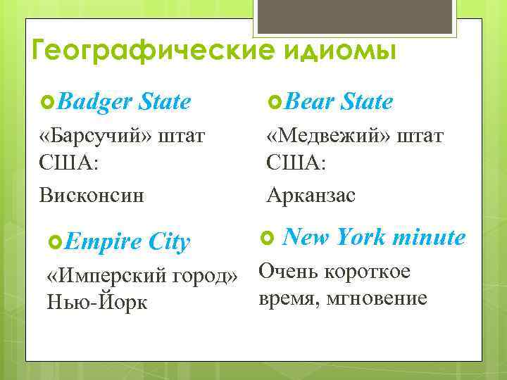 Географические идиомы Badger State Bear State «Барсучий» штат США: Висконсин «Медвежий» штат США: Арканзас