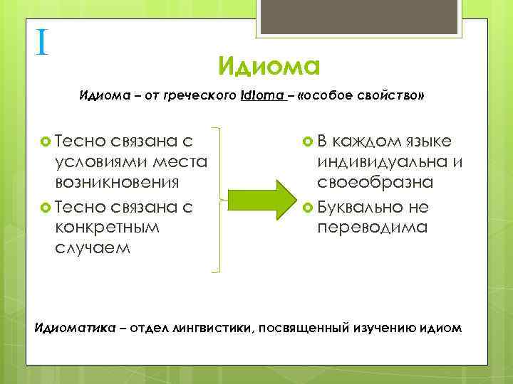 I Идиома – от греческого idioma – «особое свойство» Тесно связана с условиями места