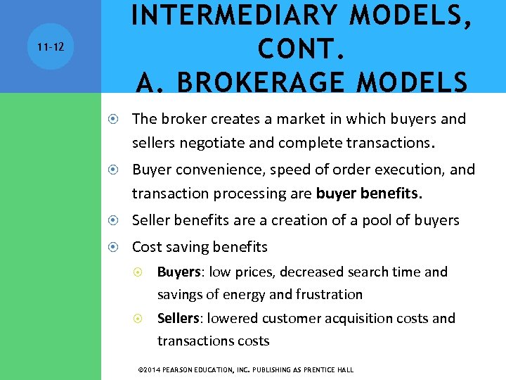 INTERMEDIARY MODELS, CONT. A. BROKERAGE MODELS 11 -12 The broker creates a market in
