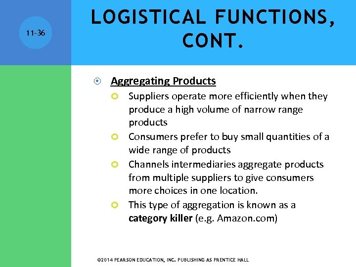 11 -36 LOGISTICAL FUNCTIONS, CONT. Aggregating Products Suppliers operate more efficiently when they produce