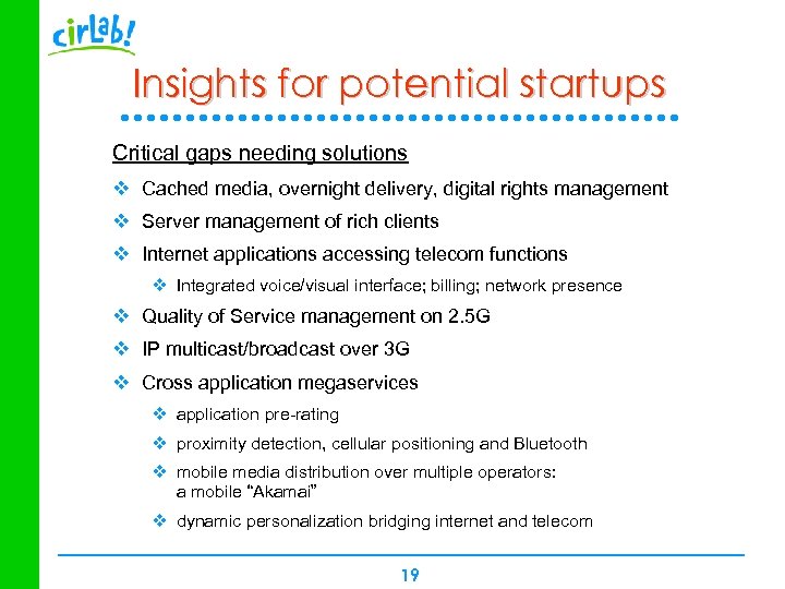 Insights for potential startups Critical gaps needing solutions v Cached media, overnight delivery, digital