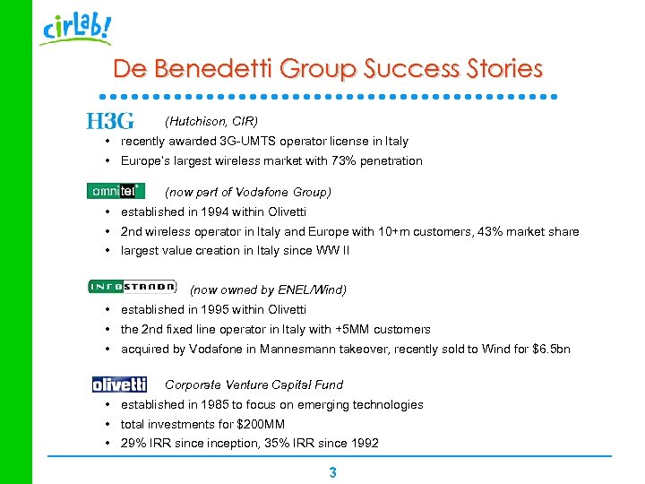 De Benedetti Group Success Stories (Hutchison, CIR) • recently awarded 3 G-UMTS operator license