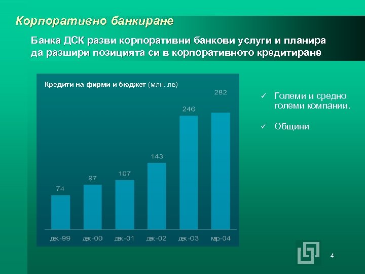 Корпоративно банкиране Банка ДСК разви корпоративни банкови услуги и планира да разшири позицията си