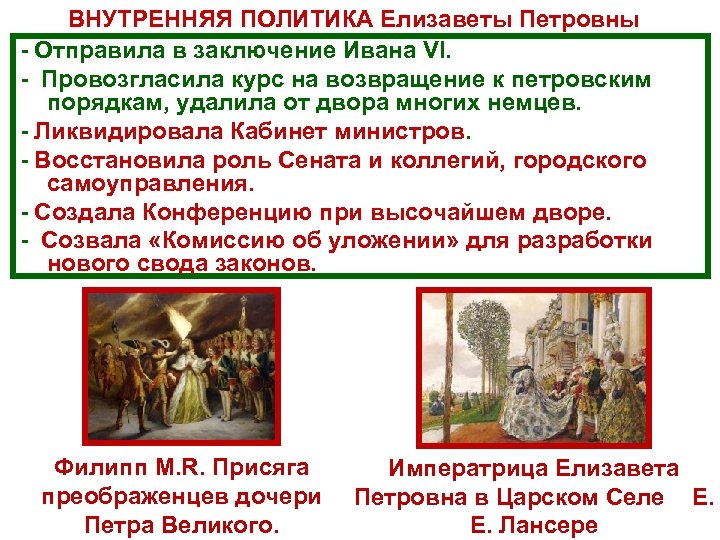 ВНУТРЕННЯЯ ПОЛИТИКА Елизаветы Петровны Отправила в заключение Ивана VI. Провозгласила курс на возвращение к