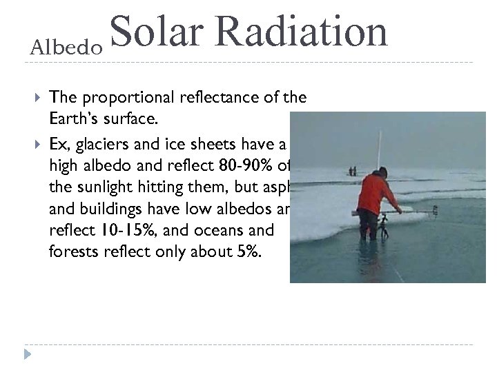 Albedo Solar Radiation The proportional reflectance of the Earth’s surface. Ex, glaciers and ice