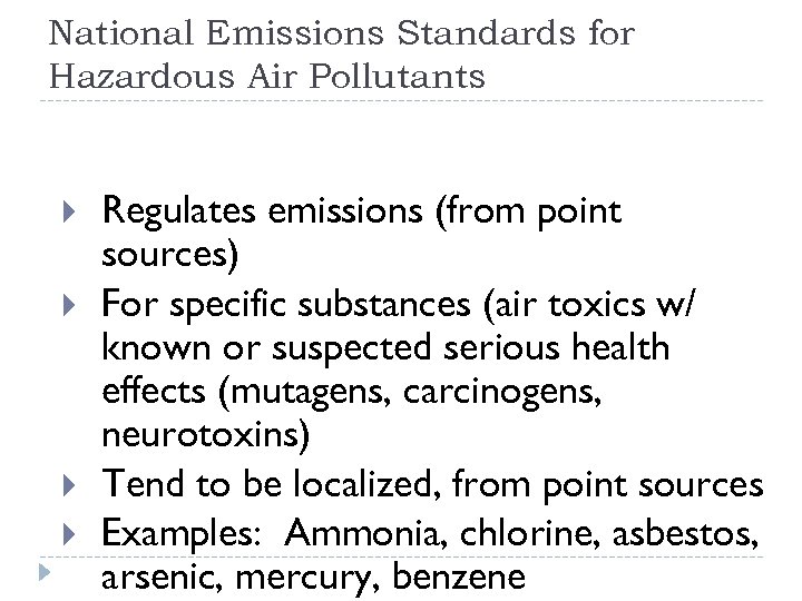 National Emissions Standards for Hazardous Air Pollutants Regulates emissions (from point sources) For specific