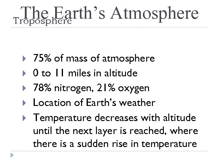 The Earth’s Atmosphere Troposphere 75% of mass of atmosphere 0 to 11 miles in