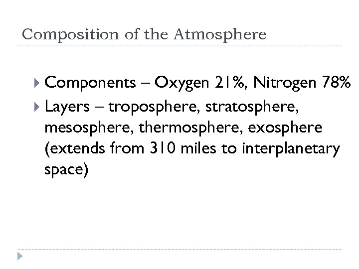 Composition of the Atmosphere Components – Oxygen 21%, Nitrogen 78% Layers – troposphere, stratosphere,