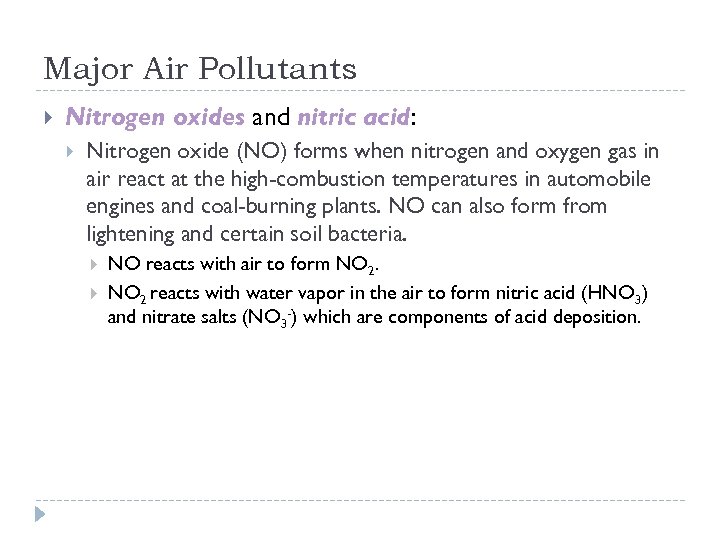 Major Air Pollutants Nitrogen oxides and nitric acid: Nitrogen oxide (NO) forms when nitrogen