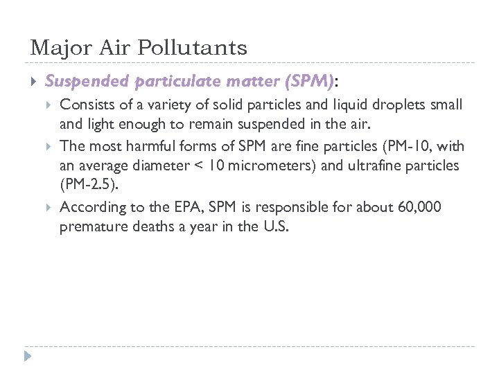Major Air Pollutants Suspended particulate matter (SPM): Consists of a variety of solid particles