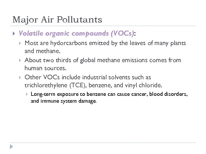 Major Air Pollutants Volatile organic compounds (VOCs): Most are hydorcarbons emitted by the leaves