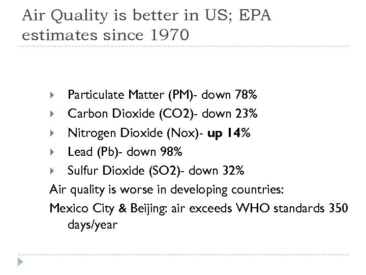 Air Quality is better in US; EPA estimates since 1970 Particulate Matter (PM)- down