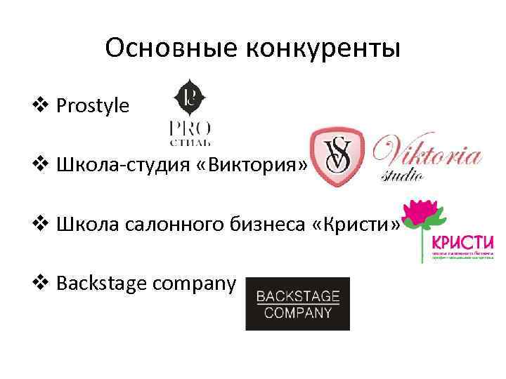 Основные конкуренты v Prostyle v Школа-студия «Виктория» v Школа салонного бизнеса «Кристи» v Backstage