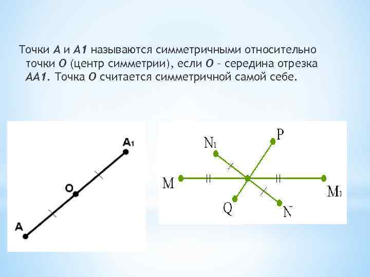 Первая точка. Точки а и а1 симметричны относительно точки о. Симметричные точки относительно центра симметрии. Две симметричные точки. Симметрия отрезка относительно точки.