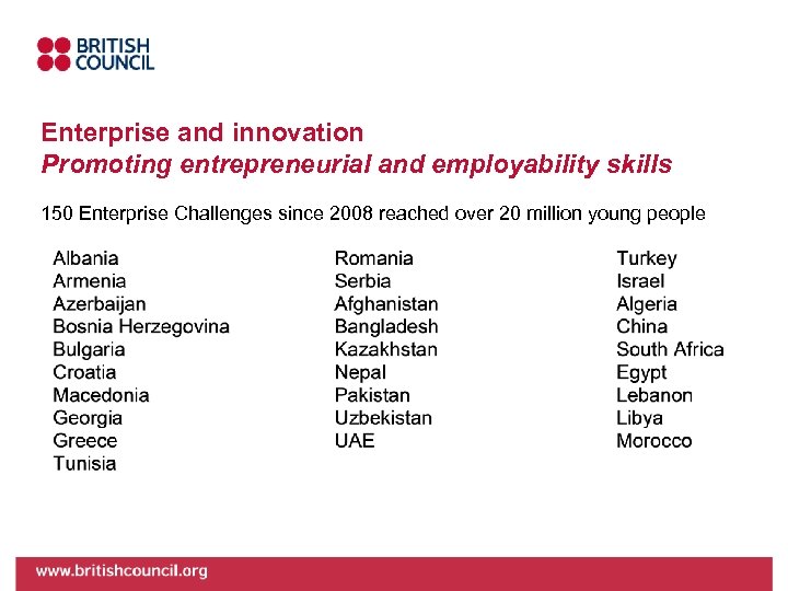 Enterprise and innovation Promoting entrepreneurial and employability skills 150 Enterprise Challenges since 2008 reached