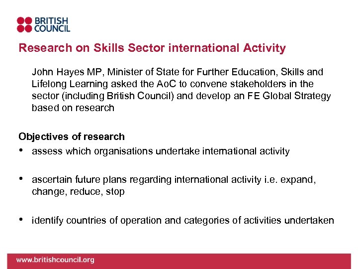 Research on Skills Sector international Activity John Hayes MP, Minister of State for Further