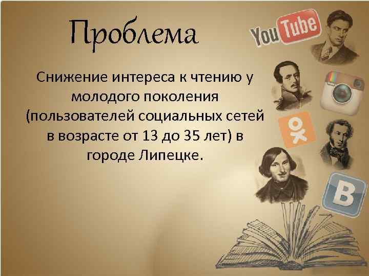 Проблема Снижение интереса к чтению у молодого поколения (пользователей социальных сетей в возрасте от