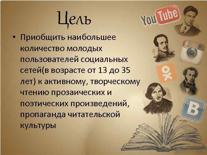 Цель • Приобщить наибольшее количество молодых пользователей социальных сетей(в возрасте от 13 до 35