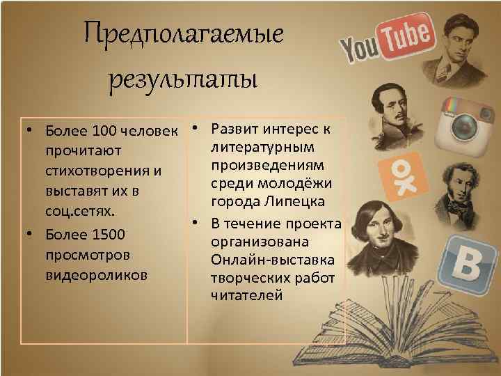 Предполагаемые результаты • Более 100 человек • Развит интерес к литературным прочитают произведениям стихотворения