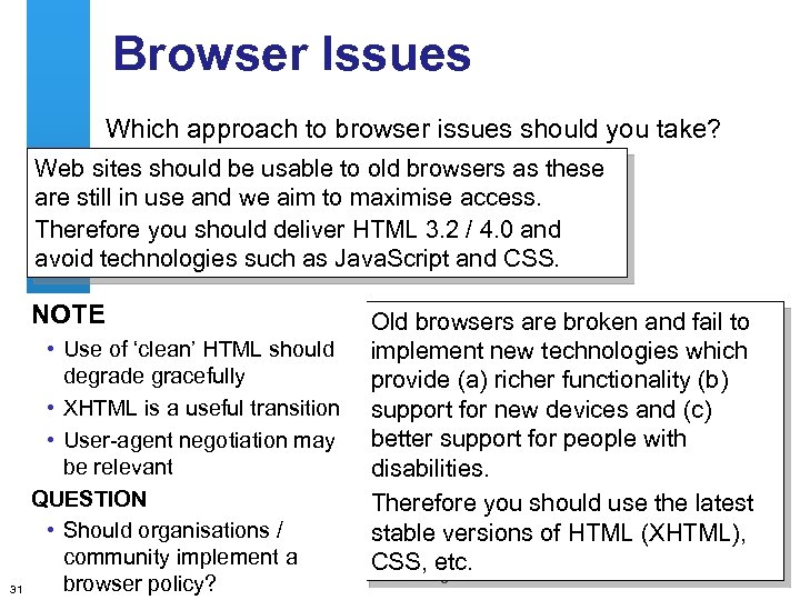 Browser Issues Which approach to browser issues should you take? Web sites should be