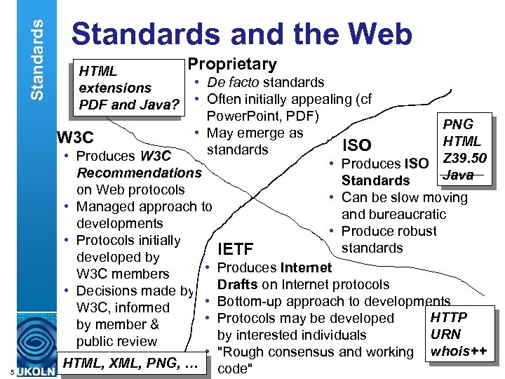 Standards 5 Standards and the Web HTML extensions PDF and Java? Proprietary • De