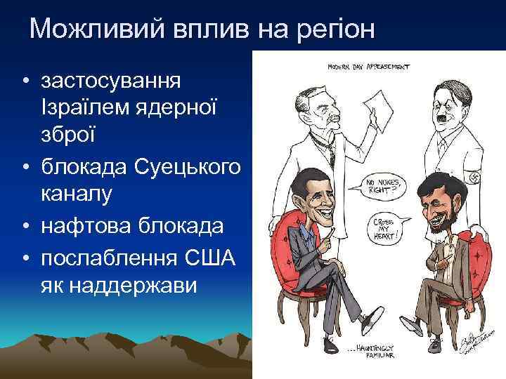 Можливий вплив на регіон • застосування Ізраїлем ядерної зброї • блокада Суецького каналу •