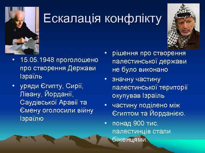 Ескалація конфлікту • рішення про створення • 15. 05. 1948 проголошено палестинської держави про