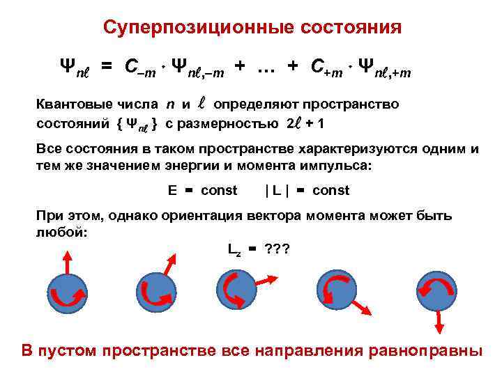 Суперпозиционные состояния Ψn = C–m Ψn , –m + … + C+m Ψn ,
