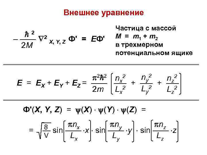 Внешнее уравнение 2 2 – —— X, Y, Z Ф' = ЕФ' 2 M