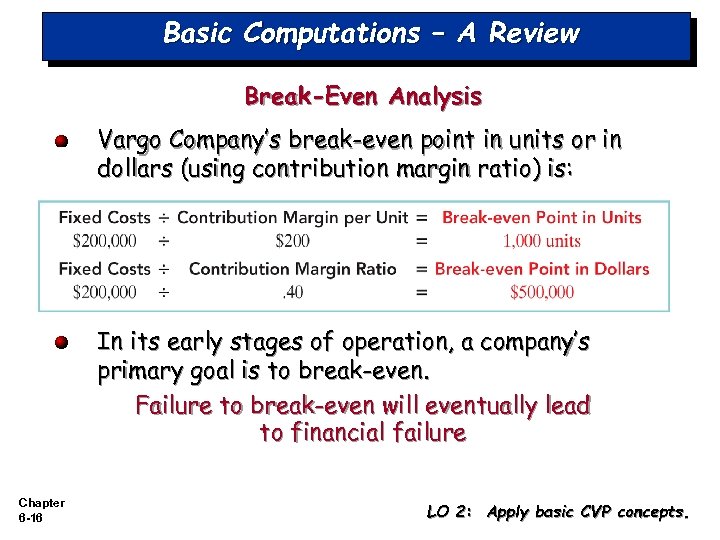 Basic Computations – A Review Break-Even Analysis Vargo Company’s break-even point in units or