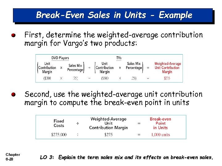 Break-Even Sales in Units - Example First, determine the weighted-average contribution margin for Vargo’s