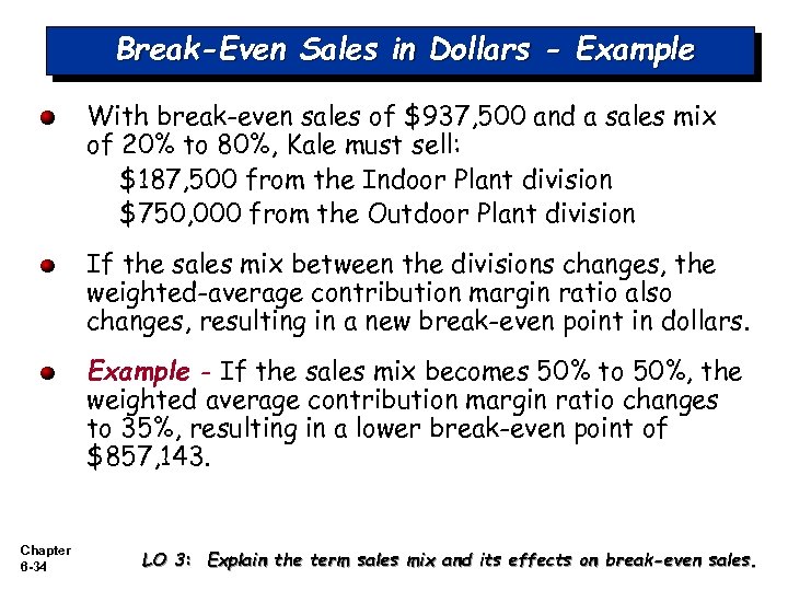 Break-Even Sales in Dollars - Example With break-even sales of $937, 500 and a