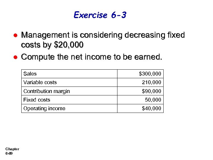 Exercise 6 -3 l l Management is considering decreasing fixed costs by $20, 000