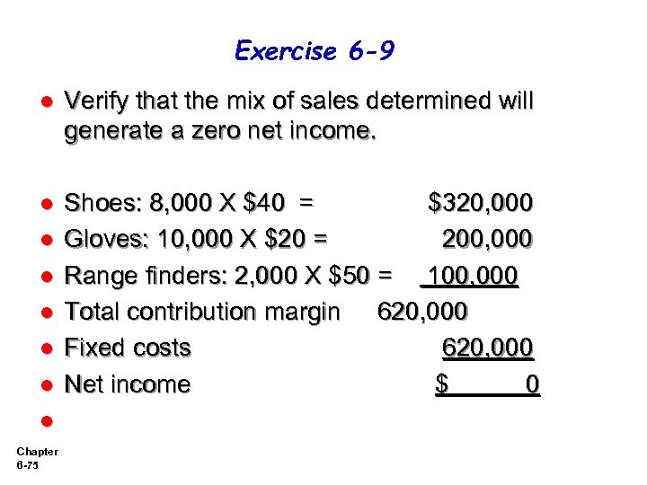 Exercise 6 -9 l Verify that the mix of sales determined will generate a