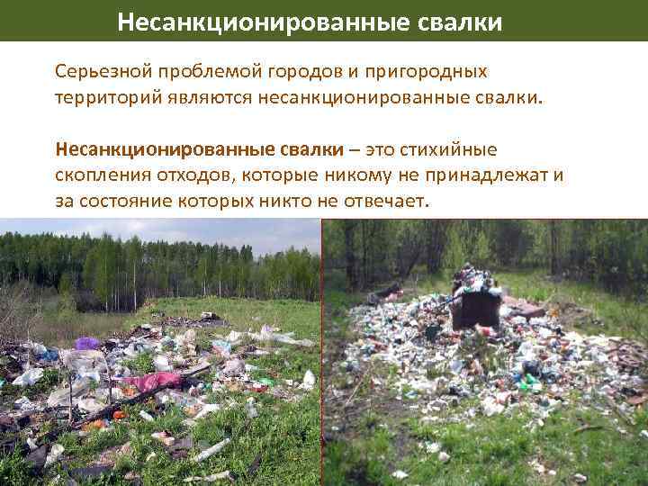 Несанкционированные свалки Серьезной проблемой городов и пригородных территорий являются несанкционированные свалки. Несанкционированные свалки –